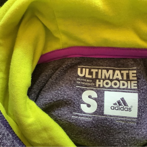 Adidas Purple Hoodie with neon yellow trim. Climawarm. Sz. S - Picture 4 of 5